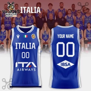Italy Basketball 2026 FIBA Women's World Cup blue jersey front and back view with custom name and number customization.