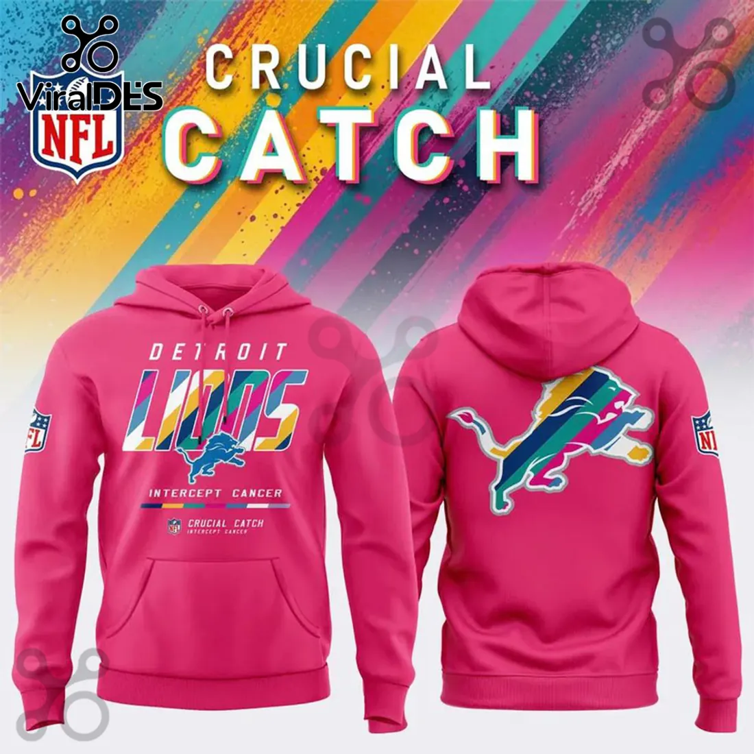 Detroit Lions NFL Crucial Catch Pink Pullover Hoodie Detroit Lions NFL Crucial Catch Pink Pullover Hoodie