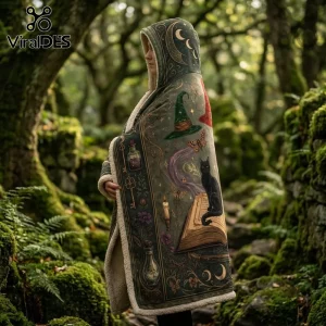 Witchcraft Black Cat Illustrated Hooded Blanket featuring a cat, spellbook, potions, and witch hat on an olive green fabric.