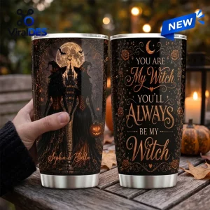 Side-by-side view of two Halloween tumblers featuring silhouettes of witch sisters and the text You Are My Witch.