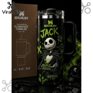 Jack Skellington Not A People Person Black 40oz Tumbler with green graffiti, skull graphics, and Stanley branding.