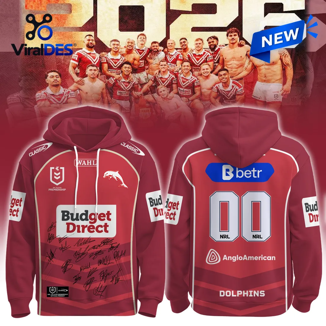 Dolphins NRL 2026 Red Signed Edition Hoodie Dolphins NRL 2026 Red Signed Edition Hoodie