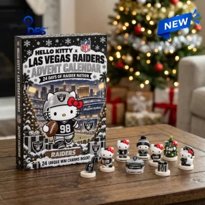 Front view of Hello Kitty x Las Vegas Raiders Advent Calendar box with miniature collectible figures on a wooden table.