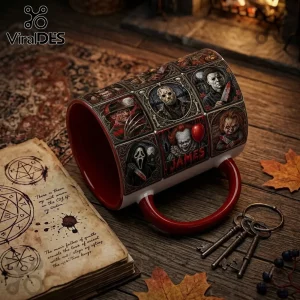 2026 Halloween Killers Ceramic Coffee Mug featuring classic horror movie villains in grid panels on a red-handled cup.