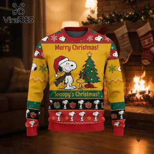 Snoopy Christmas Yellow Ugly Christmas Sweater featuring Snoopy and Woodstock by a decorated tree.
