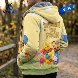Winnie the Pooh 100th Anniversary Fleece Zip Hoodie featuring Pooh, Tigger, Piglet, and Eeyore on a yellow background.
