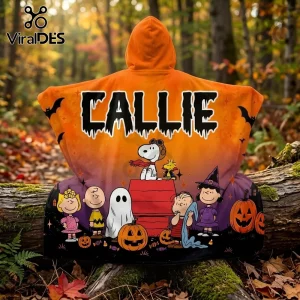 Peanuts Snoopy Halloween personalized hooded blanket featuring Callie, orange gradient background, and Peanuts characters.