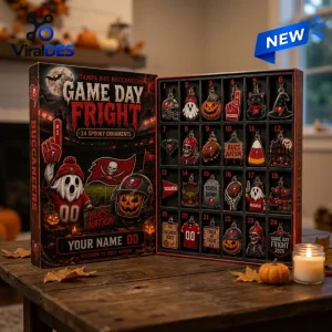 Open Tampa Bay Buccaneers Halloween 2026 Advent Calendar displaying twenty-four themed ornaments in a cardboard box.