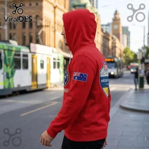 San Francisco 49ers 2026 Melbourne Game Red Hoodie featuring an Australian flag patch and official NFL game branding.