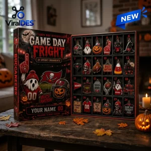 Open front view of Tampa Bay Buccaneers Halloween 2026 Advent Calendar displaying twenty-four themed metal ornaments.