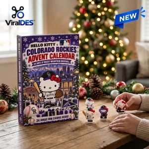 Front view of Hello Kitty x Colorado Rockies 2026 Advent Calendar box with mini figurines on a table.