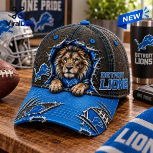 Detroit Lions Mascot Distressed Baseball Cap featuring a 3D lion graphic, blue and black fabric, and team logo embroidery.