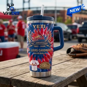 Front view of a 144th Anniversary YETI Tumbler featuring St. Louis Cardinals team graphics on a red and blue tie-dye base.