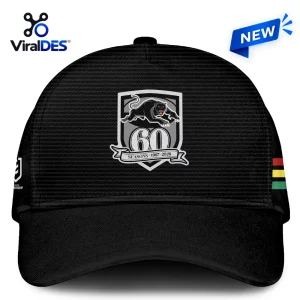 Front view of a black baseball cap featuring a panther shield emblem with the number 60.