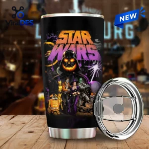 Front view of a Star Wars Halloween pumpkin tumbler cup with Darth Vader jack-o-lantern graphic.