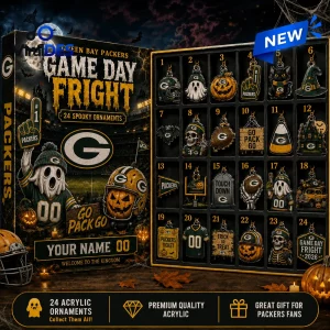 Front view of the Green Bay Packers Game Day Fright Halloween Advent Calendar with 24 spooky ornaments.