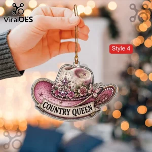 Dolly Parton Pink Rhinestone Acrylic Ornament Set featuring a glittery cowboy hat, floral accents, and Country Queen text.