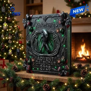 Front view of an Alien Xenomorph 2026 Advent Calendar featuring sculpted creature motifs and glowing green lights.