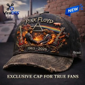Front view of the Pink Floyd 1965-2026 Distressed Cap featuring embroidered figures shaking hands amidst flames.