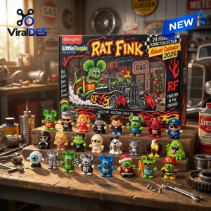 Front view of the Rat Fink 2026 Advent Calendar box with assorted collectible toy figures on a wooden workbench.