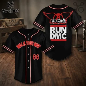 Aerosmith x Run DMC Walk This Way black baseball jersey featuring red accents, front text, and back graphic logo design.