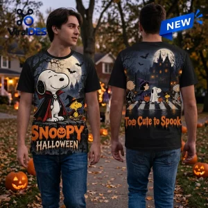 Front and back view of a black shirt featuring Snoopy dressed as a vampire and a group of trick-or-treaters at night.