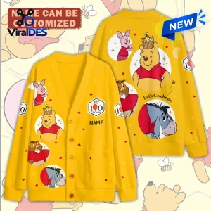 Winnie the Pooh 100th Anniversary yellow knitted cardigan featuring character graphics, button closure, and custom text area.