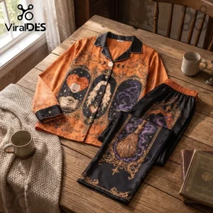 Hocus Pocus Halloween Satin Pajama Set 2026 featuring movie characters, witch motifs, and floral patterns on wood table.