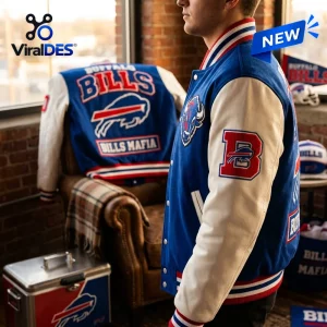 Side view of a person wearing an NFL Buffalo Bills football varsity baseball jacket with white sleeves and blue body.