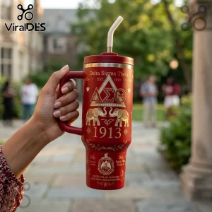 Delta Sigma Theta 40oz Crimson Gold Tumbler featuring Greek letters, elephant icons, and the 1913 founding year date.