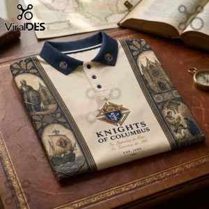 Knights of Columbus Heritage Polo Shirt with historical illustrations, navy collar, and logo on a brown leather background.