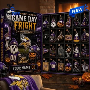 Front view of Minnesota Vikings Game Day Fright Halloween Advent Calendar with twenty-four spooky ornaments.