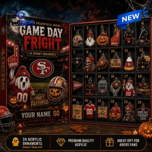 Front view of San Francisco 49ers Halloween 2026 Advent Calendar containing 24 numbered spooky themed team ornaments.