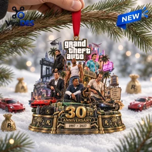 Front view of the Grand Theft Auto 30th Anniversary Christmas Ornament hanging from a pine branch.