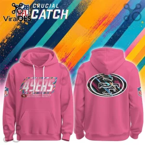 San Francisco 49ers NFL Crucial Catch pink hoodie with front team graphic and rear logo on a colorful paint splash background.