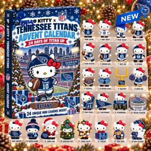 Front view of Hello Kitty x Tennessee Titans Advent Calendar 2026 displaying 24 miniature collectible figures.