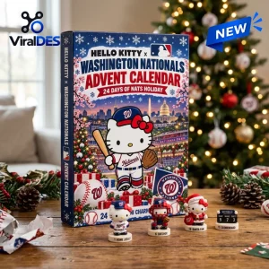 Front view of Hello Kitty x Washington Nationals Advent Calendar 2026 with figurines on wooden surface.