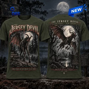 Front and back view of a dark green Jersey Devil Pine Barrens cryptid shirt with moonlit forest graphic.