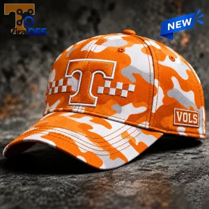 Front three-quarter view of a Tennessee Volunteers Orange Camo Classic Cap with a large T logo and checkerboard detail.