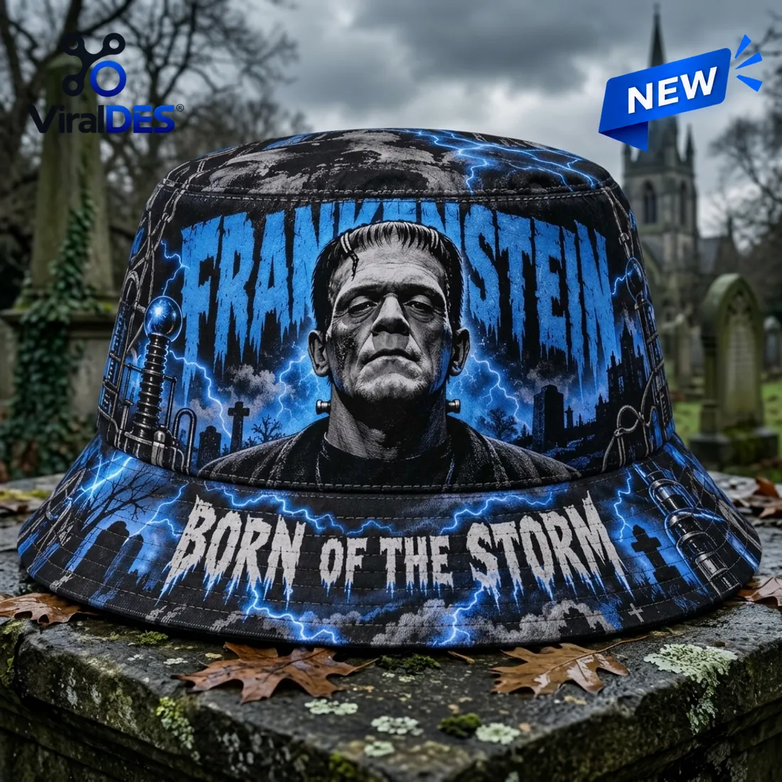 Frankenstein Born of the Storm Blue Bucket Hat Frankenstein Born of the Storm Blue Bucket Hat