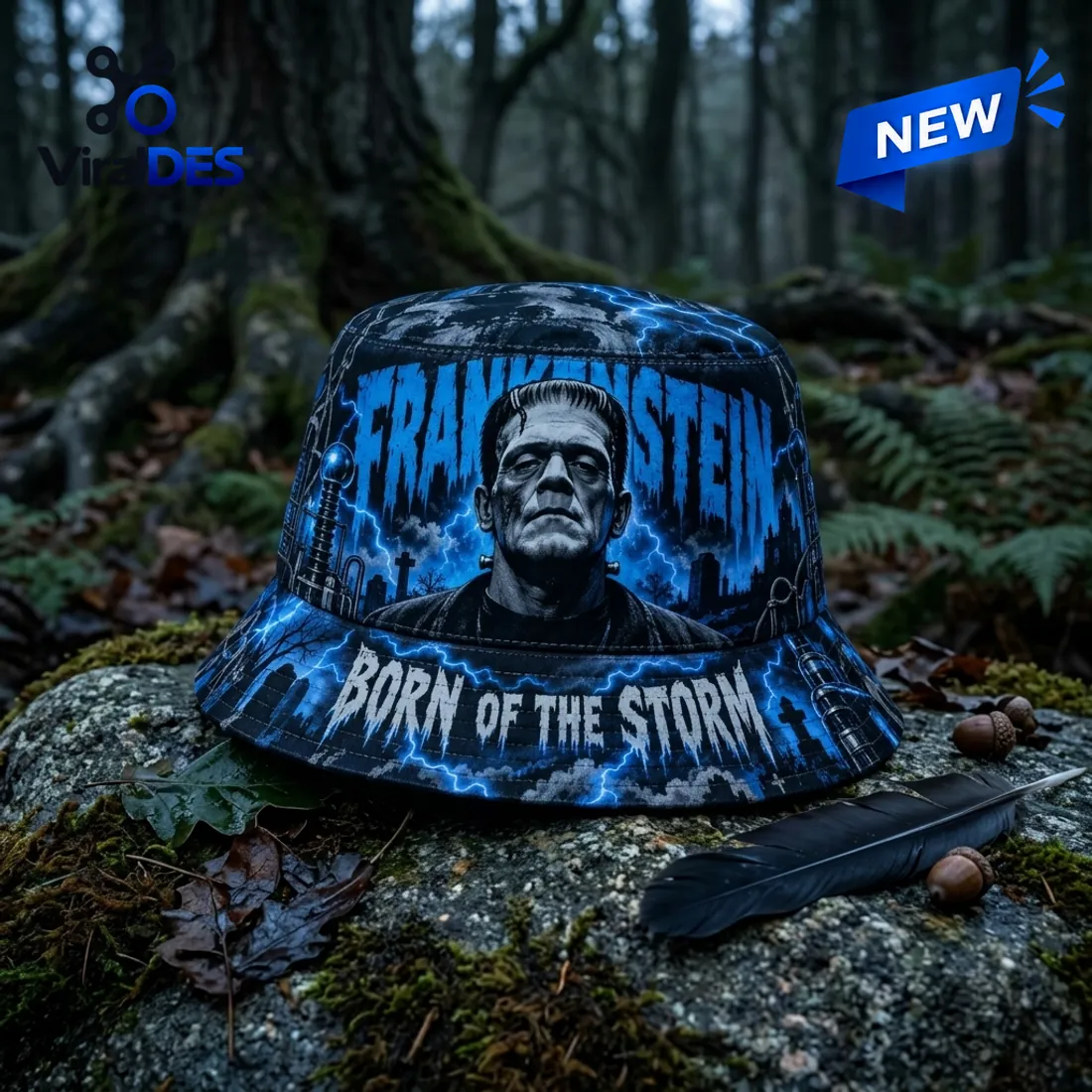 Frankenstein Born of the Storm Blue Bucket Hat Frankenstein Born of the Storm Blue Bucket Hat