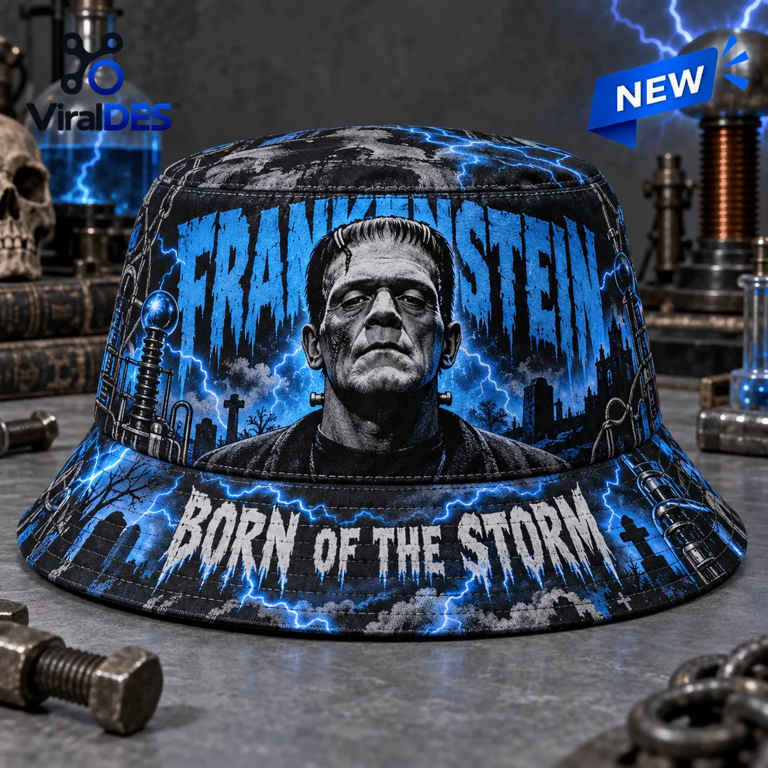 Frankenstein Born of the Storm Blue Bucket Hat Frankenstein Born of the Storm Blue Bucket Hat