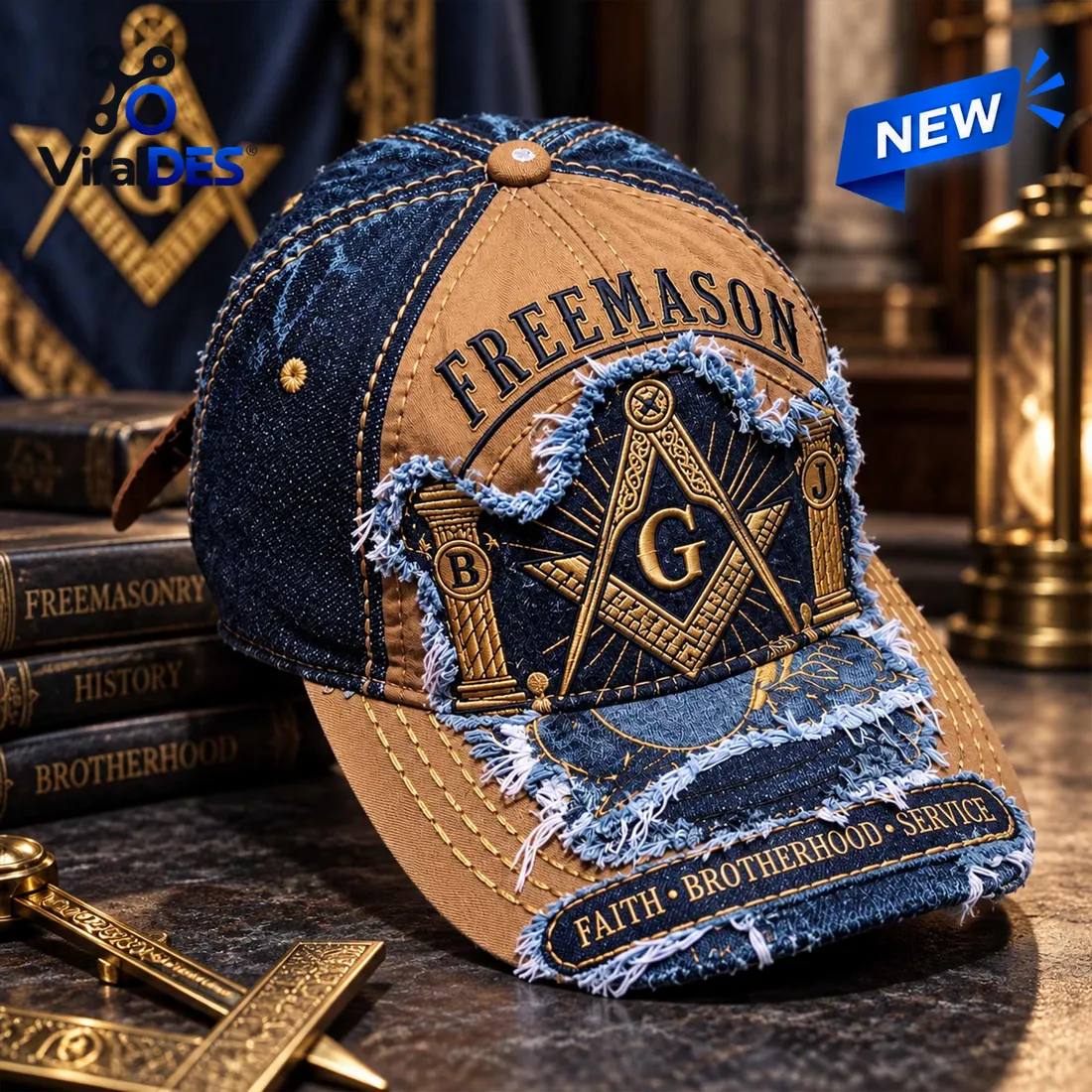 Freemasonry Embroidered Denim Distressed Baseball Cap Freemasonry Embroidered Denim Distressed Baseball Cap
