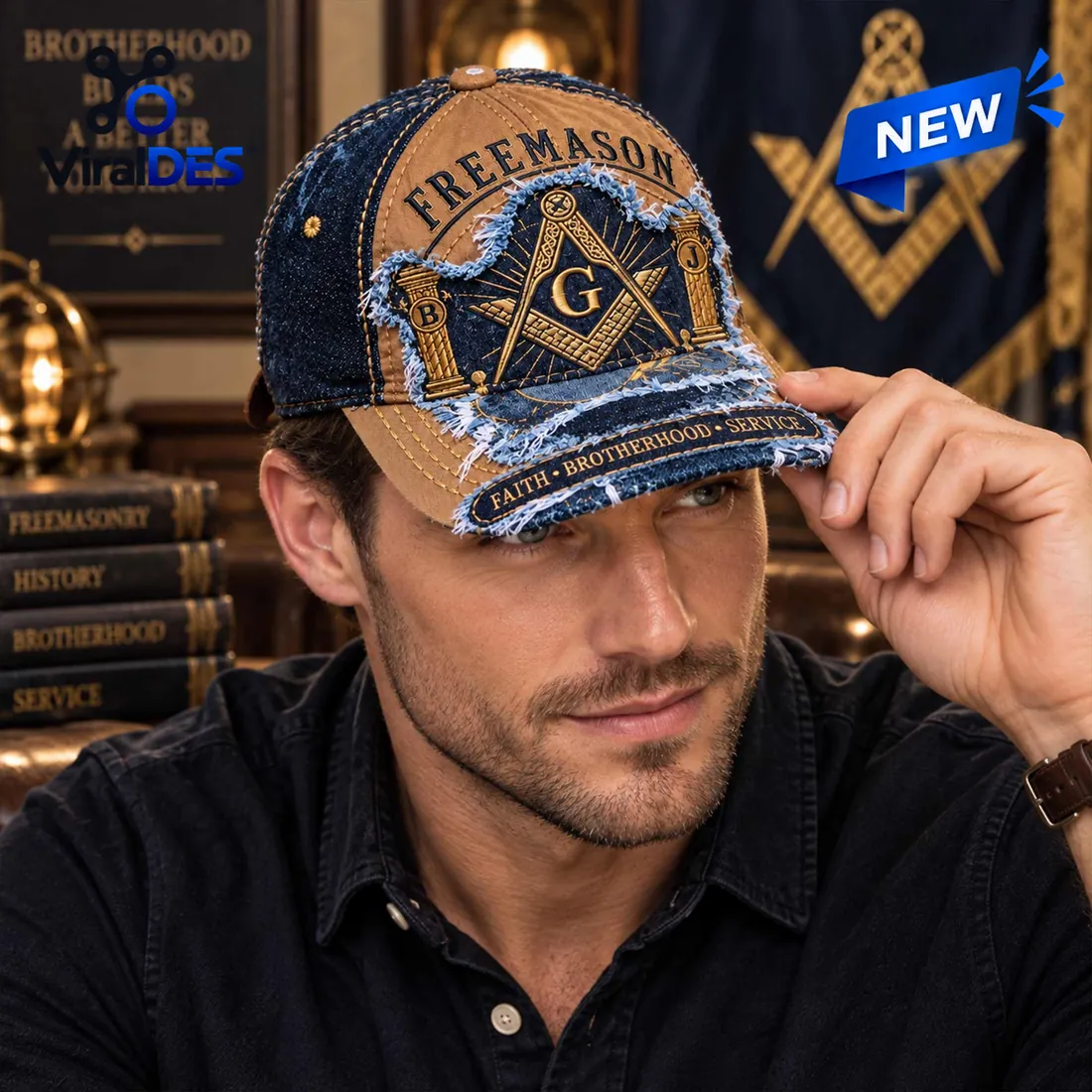 Freemasonry Embroidered Denim Distressed Baseball Cap Freemasonry Embroidered Denim Distressed Baseball Cap