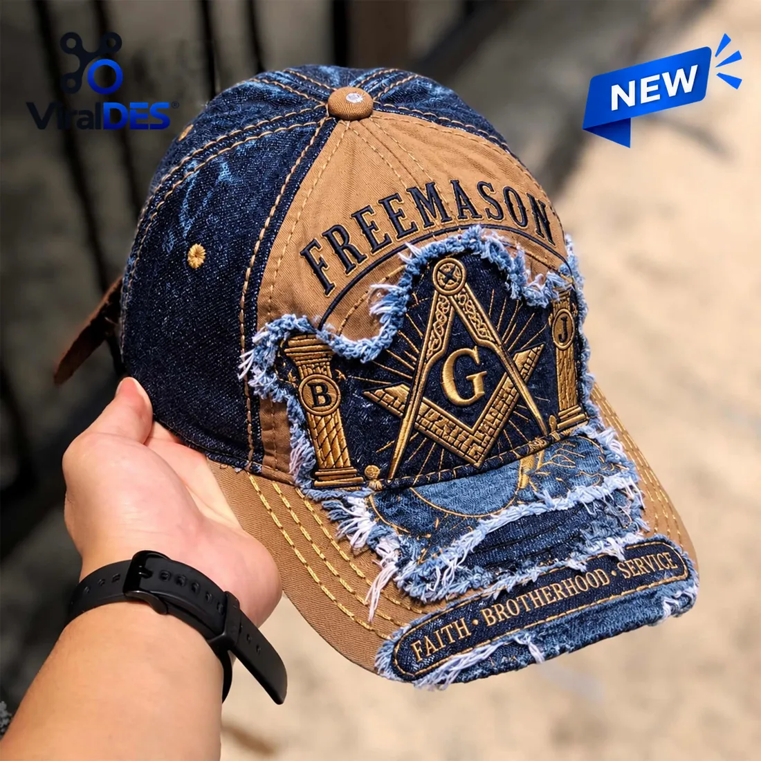 Freemasonry Embroidered Denim Distressed Baseball Cap Freemasonry Embroidered Denim Distressed Baseball Cap