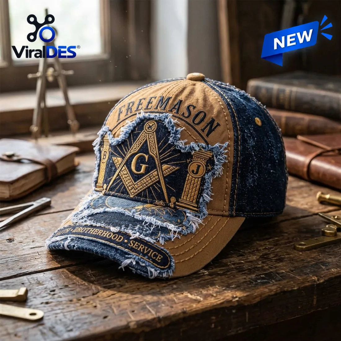 Freemasonry Embroidered Denim Distressed Baseball Cap Freemasonry Embroidered Denim Distressed Baseball Cap