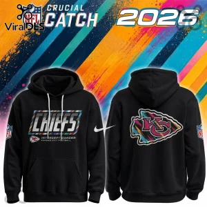 Kansas City Chiefs 2026 NFL Crucial Catch Black Hoodie featuring multicolor team branding and cancer awareness graphics.