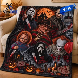 Front view of a Horror Movie Icons Halloween Fleece Throw Blanket featuring a collage of classic slasher characters.