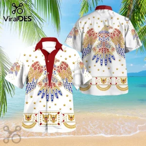Elvis Presley Gold Eagle Hawaiian Shirt and Shorts set featuring a white background with a jeweled eagle and gold stars.