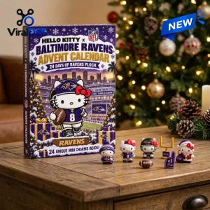 Front view of a Hello Kitty x Baltimore Ravens advent calendar box with mini character figures on a wooden table.